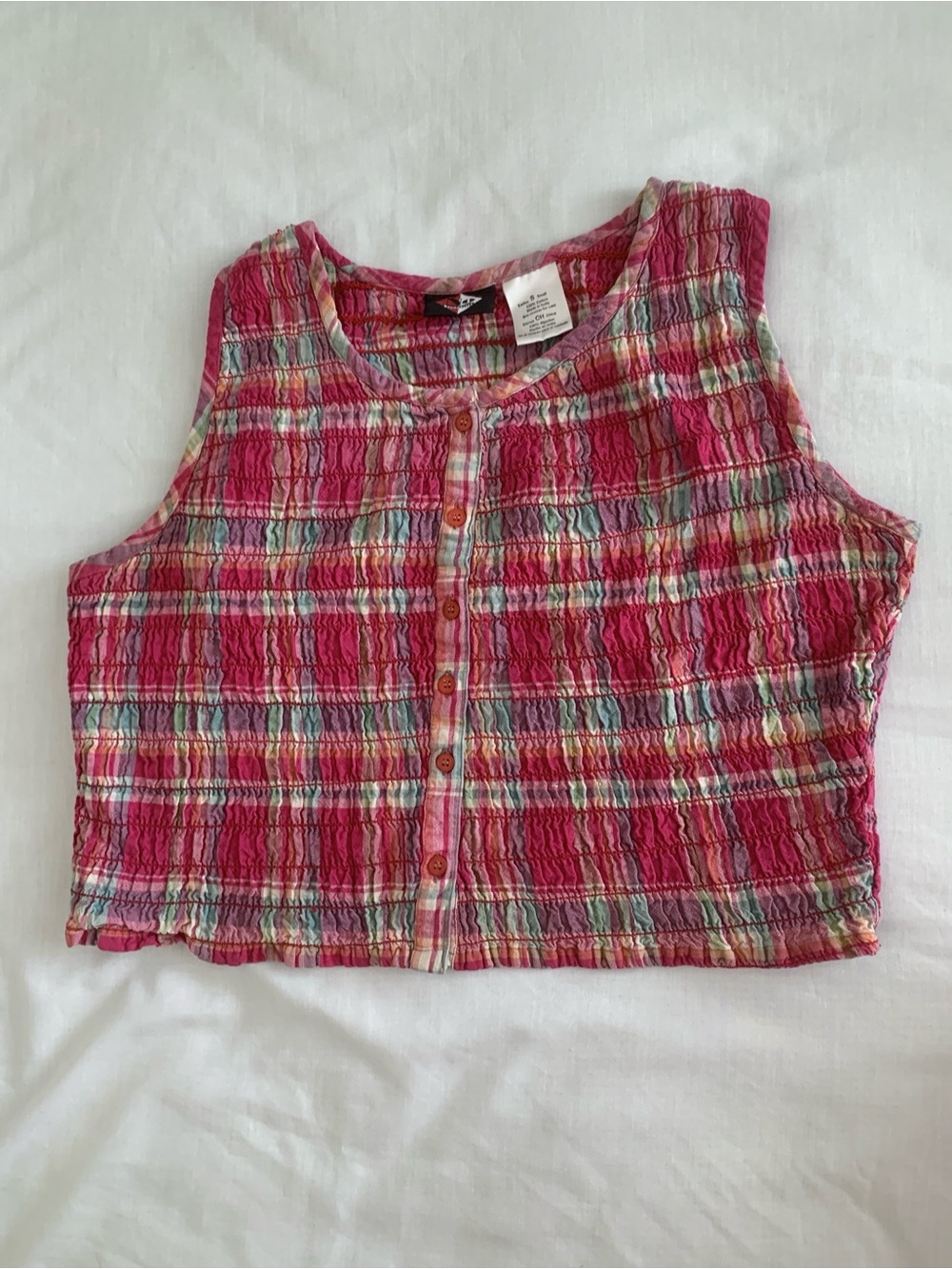 No Boundaries Smocked Plaid Button Up Tank Top EUC Small Vtg